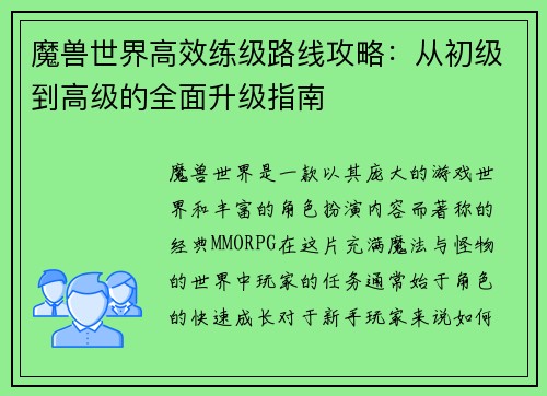 魔兽世界高效练级路线攻略：从初级到高级的全面升级指南